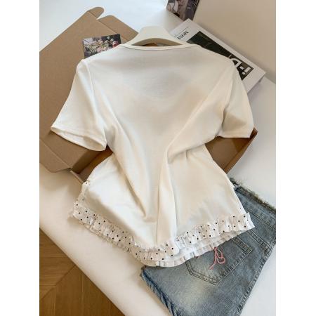 BY18498# 夏季撞色波点系带假两件短袖T恤女夏季新款甜美风小众上衣 服裝批發女裝批發服飾貨源