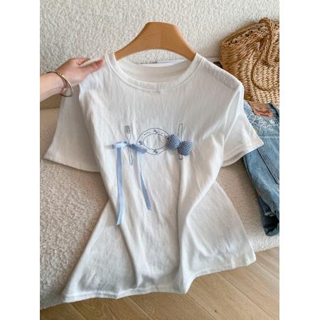 BY18499# 韩系设计蝴蝶结餐具雪花亚痳T恤女夏季新款显瘦百搭洋气短袖纯棉 服裝批發女裝批發服飾貨源