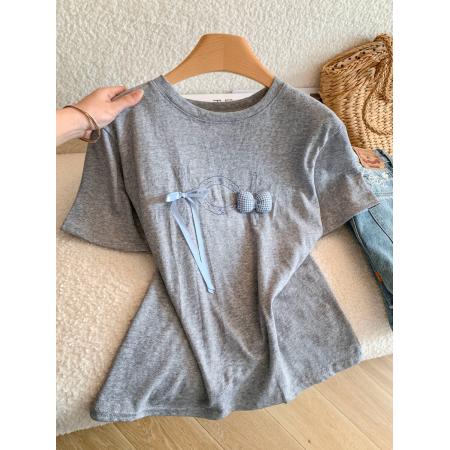 BY18499# 韩系设计蝴蝶结餐具雪花亚痳T恤女夏季新款显瘦百搭洋气短袖纯棉 服裝批發女裝批發服飾貨源