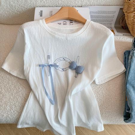 BY18499# 韩系设计蝴蝶结餐具雪花亚痳T恤女夏季新款显瘦百搭洋气短袖纯棉 服裝批發女裝批發服飾貨源