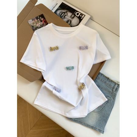 BY18500# ～夏季新款手工立体糖果布贴T恤韩系休闲风正肩短袖上衣女 服裝批發女裝批發服飾貨源