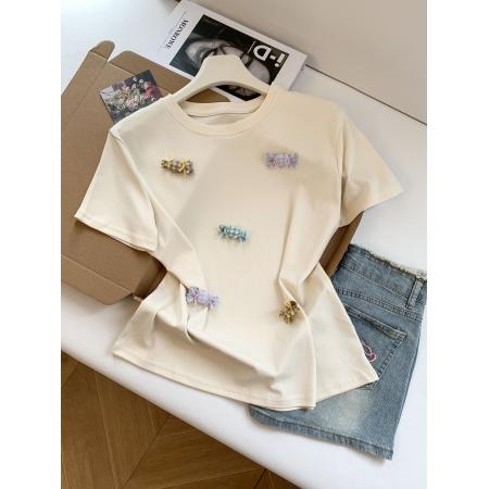 BY18500# ～夏季新款手工立体糖果布贴T恤韩系休闲风正肩短袖上衣女 服裝批發女裝批發服飾貨源