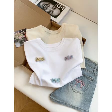 BY18500# ～夏季新款手工立体糖果布贴T恤韩系休闲风正肩短袖上衣女 服裝批發女裝批發服飾貨源