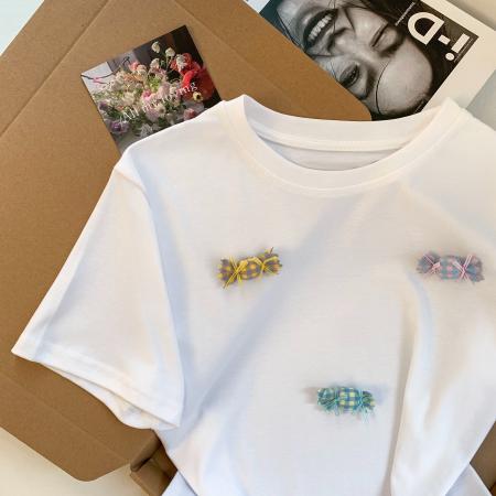 BY18500# ～夏季新款手工立体糖果布贴T恤韩系休闲风正肩短袖上衣女 服裝批發女裝批發服飾貨源