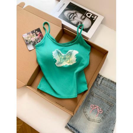 BY18502# ～设计感甜辣妹蝴蝶印花背心女内搭夏季外穿带胸垫短款上衣 服裝批發女裝批發服飾貨源