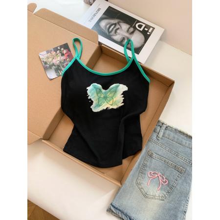 BY18502# ～设计感甜辣妹蝴蝶印花背心女内搭夏季外穿带胸垫短款上衣 服裝批發女裝批發服飾貨源