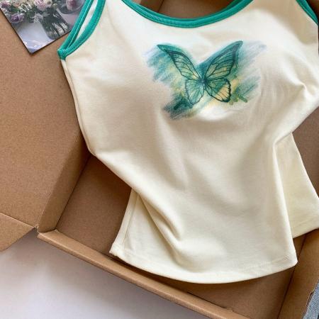 BY18502# ～设计感甜辣妹蝴蝶印花背心女内搭夏季外穿带胸垫短款上衣 服裝批發女裝批發服飾貨源