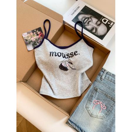 BY18503# ～设计感卡通猫咪印花撞色吊带背心女夏季外穿带胸垫短款上衣 服裝批發女裝批發服飾貨源