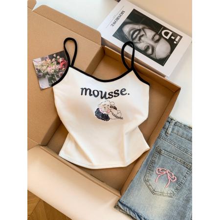 BY18503# ～设计感卡通猫咪印花撞色吊带背心女夏季外穿带胸垫短款上衣 服裝批發女裝批發服飾貨源