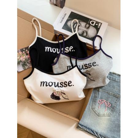 BY18503# ～设计感卡通猫咪印花撞色吊带背心女夏季外穿带胸垫短款上衣 服裝批發女裝批發服飾貨源