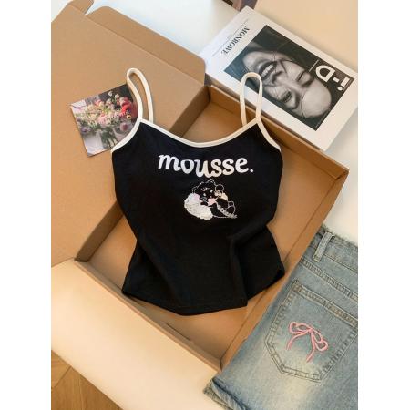 BY18503# ～设计感卡通猫咪印花撞色吊带背心女夏季外穿带胸垫短款上衣 服裝批發女裝批發服飾貨源