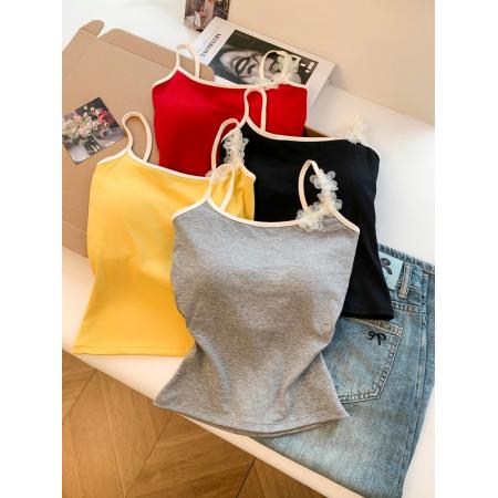 BY18504# ～沙滩海边多巴胺红色立体花朵自带胸垫的背心女外穿无袖上衣 服裝批發女裝批發服飾貨源