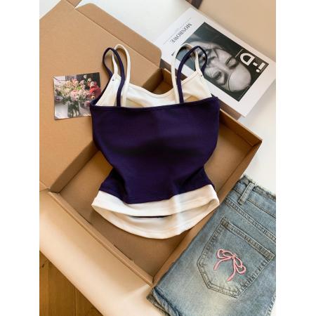 BY18505# ～假两件吊带背心女夏季带胸垫显瘦外穿无袖上衣 服裝批發女裝批發服飾貨源