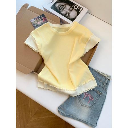BY18506# ～温柔撞色木耳边短袖针织T恤女夏季假两件内搭超好看上衣 服裝批發女裝批發服飾貨源