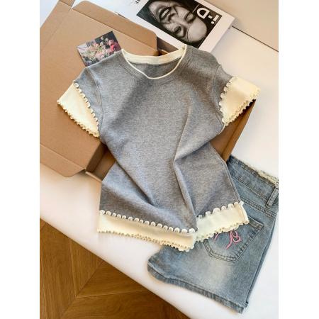 BY18506# ～温柔撞色木耳边短袖针织T恤女夏季假两件内搭超好看上衣 服裝批發女裝批發服飾貨源