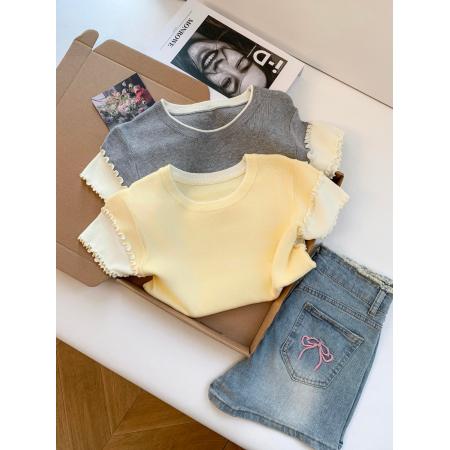 BY18506# ～温柔撞色木耳边短袖针织T恤女夏季假两件内搭超好看上衣 服裝批發女裝批發服飾貨源