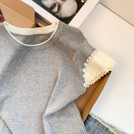 BY18506# ～温柔撞色木耳边短袖针织T恤女夏季假两件内搭超好看上衣 服裝批發女裝批發服飾貨源