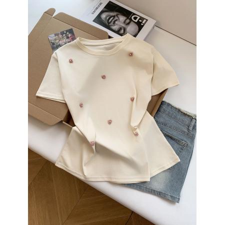 BY18507# ～韩系圆领正肩短袖T恤女夏季立体花朵宽松显瘦上衣 服裝批發女裝批發服飾貨源