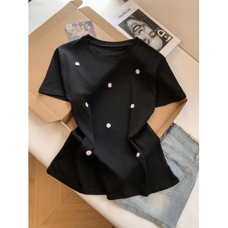 BY18507# ～韩系圆领正肩短袖T恤女夏季立体花朵宽松显瘦上衣 服裝批發女裝批發服飾貨源