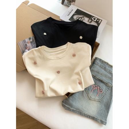 BY18507# ～韩系圆领正肩短袖T恤女夏季立体花朵宽松显瘦上衣 服裝批發女裝批發服飾貨源