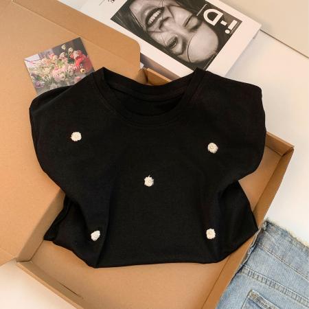 BY18507# ～韩系圆领正肩短袖T恤女夏季立体花朵宽松显瘦上衣 服裝批發女裝批發服飾貨源