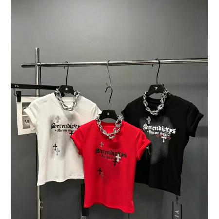 BY18516# 酷辣妹十字架烫钻朋克摇滚暗黑春夏新ins潮韩日ootd短款T恤瘦 服裝批發女裝批發服飾貨源