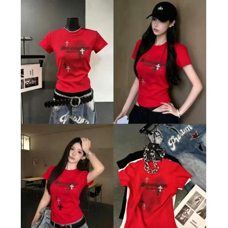 BY18516# 酷辣妹十字架烫钻朋克摇滚暗黑春夏新ins潮韩日ootd短款T恤瘦 服裝批發女裝批發服飾貨源