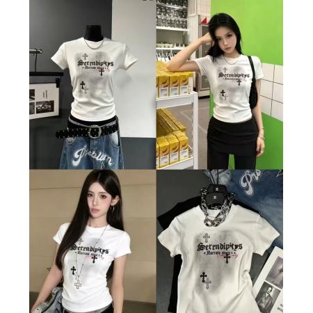 BY18516# 酷辣妹十字架烫钻朋克摇滚暗黑春夏新ins潮韩日ootd短款T恤瘦 服裝批發女裝批發服飾貨源