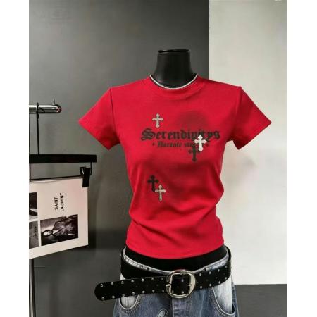 BY18516# 酷辣妹十字架烫钻朋克摇滚暗黑春夏新ins潮韩日ootd短款T恤瘦 服裝批發女裝批發服飾貨源