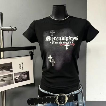 BY18516# 酷辣妹十字架烫钻朋克摇滚暗黑春夏新ins潮韩日ootd短款T恤瘦 服裝批發女裝批發服飾貨源