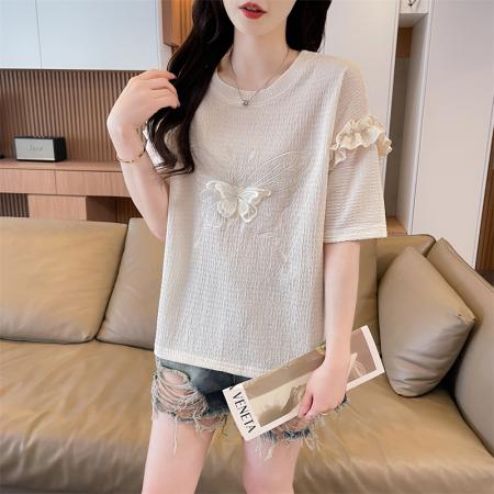 BY18521# 短袖t恤女夏季新款圆领时尚百搭韩版花边袖子上衣ins 服裝批發女裝批發服飾貨源