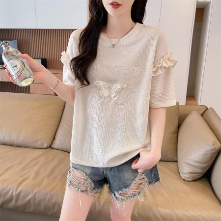 BY18521# 短袖t恤女夏季新款圆领时尚百搭韩版花边袖子上衣ins 服裝批發女裝批發服飾貨源