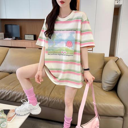 BY18525# 珠地条纹短袖T恤夏季新款宽松高级感撞色百搭上衣i女ns潮 服裝批發女裝批發服飾貨源