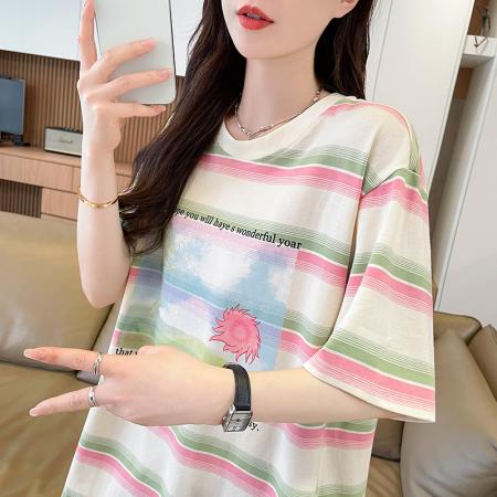 BY18525# 珠地条纹短袖T恤夏季新款宽松高级感撞色百搭上衣i女ns潮 服裝批發女裝批發服飾貨源