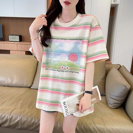 BY18525# 珠地条纹短袖T恤夏季新款宽松高级感撞色百搭上衣i女ns潮 服裝批發女裝批發服飾貨源