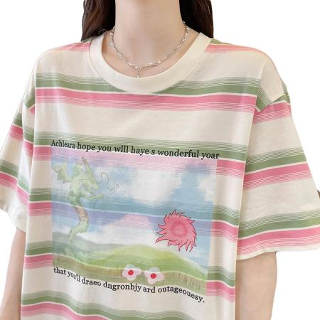 BY18525# 珠地条纹短袖T恤夏季新款宽松高级感撞色百搭上衣i女ns潮 服裝批發女裝批發服飾貨源