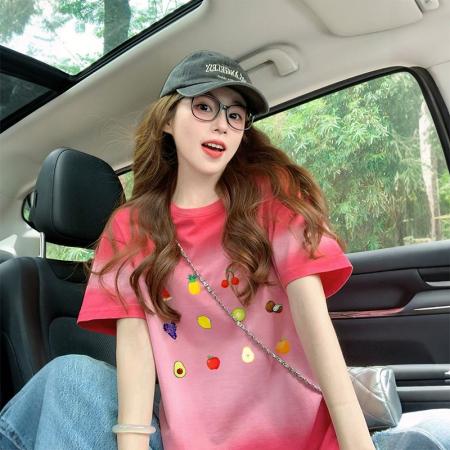 BY18527# 纯棉后包领爆款渐变扎染短袖t恤女夏季宽松设计感上衣ins 服裝批發女裝批發服飾貨源