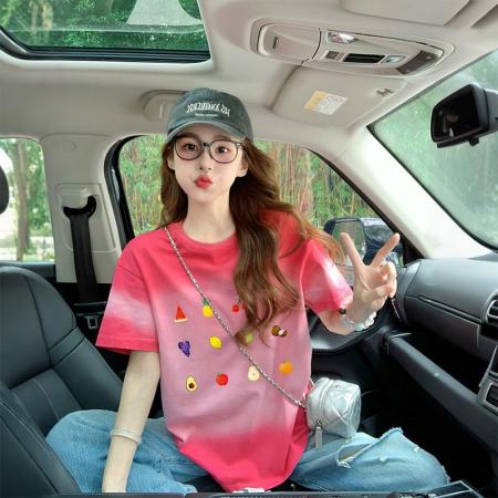 BY18527# 纯棉后包领爆款渐变扎染短袖t恤女夏季宽松设计感上衣ins 服裝批發女裝批發服飾貨源