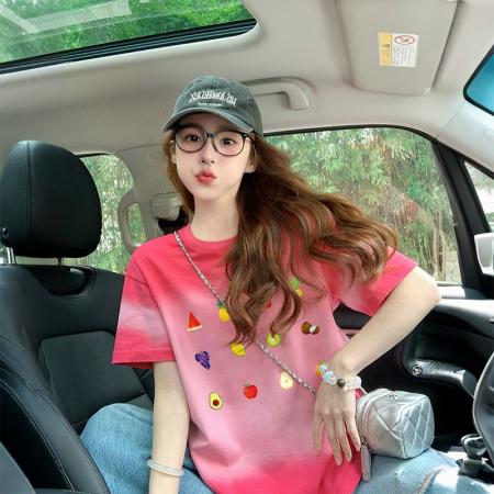 BY18527# 纯棉后包领爆款渐变扎染短袖t恤女夏季宽松设计感上衣ins 服裝批發女裝批發服飾貨源