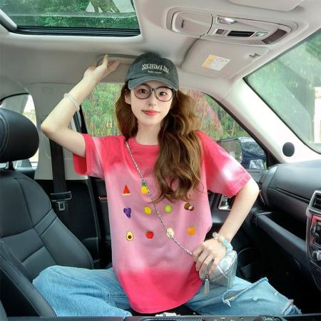 BY18527# 纯棉后包领爆款渐变扎染短袖t恤女夏季宽松设计感上衣ins 服裝批發女裝批發服飾貨源