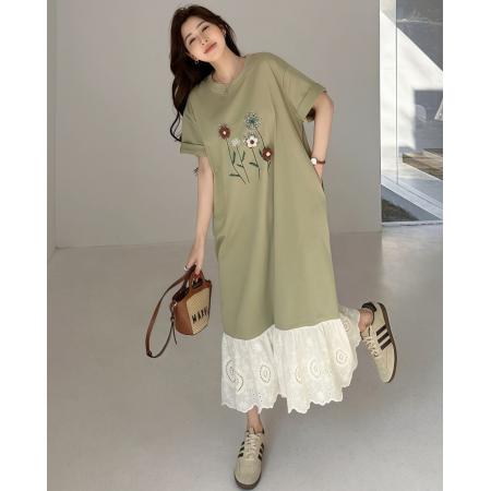 BY18529# 微胖mm显瘦穿搭夏季新款宽松遮肉纯棉连衣裙短袖过膝长裙子 服裝批發女裝批發服飾貨源