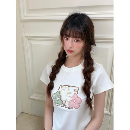 BY18530# 三本针+原版贴布刺绣19支纯棉短袖T恤女 服裝批發女裝批發服飾貨源