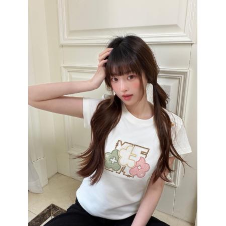 BY18530# 三本针+原版贴布刺绣19支纯棉短袖T恤女 服裝批發女裝批發服飾貨源