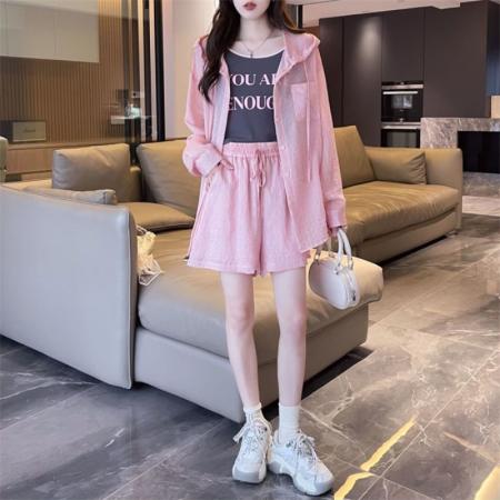 BY18535# 抖音原版做工质量轻薄防晒透气连帽开衫短裤衬衫两件套装 服裝批發女裝批發服飾貨源