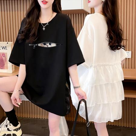 BY18536# 纯棉21支短袖T恤女夏季宽松中长款纱网体恤上衣 服裝批發女裝批發服飾貨源