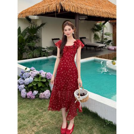 BY18537# 夏季新款法式浪漫蕾丝拼接裙子短袖雪纺碎花连衣裙女 服裝批發女裝批發服飾貨源