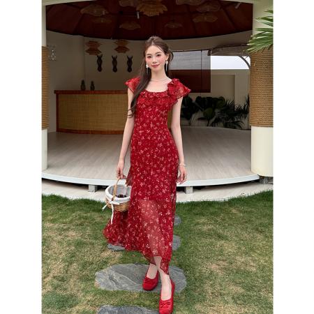 BY18537# 夏季新款法式浪漫蕾丝拼接裙子短袖雪纺碎花连衣裙女 服裝批發女裝批發服飾貨源