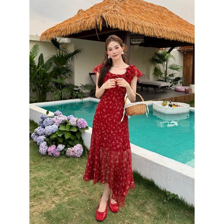 BY18537# 夏季新款法式浪漫蕾丝拼接裙子短袖雪纺碎花连衣裙女 服裝批發女裝批發服飾貨源