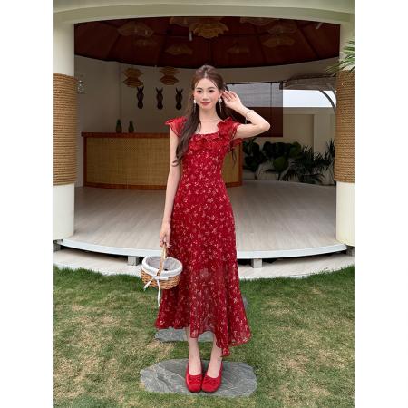 BY18537# 夏季新款法式浪漫蕾丝拼接裙子短袖雪纺碎花连衣裙女 服裝批發女裝批發服飾貨源