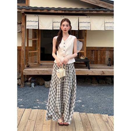 BY18538# 夏季新款女装无袖马甲+格子半身裙两件套女时尚套装 服裝批發女裝批發服飾貨源